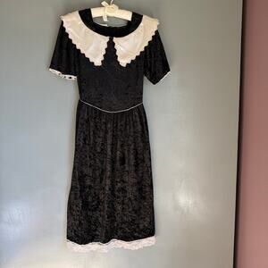 Vintage L.A. TOUCH Women's S/M Black Velour Midi Dress White Collar Cottage Goth